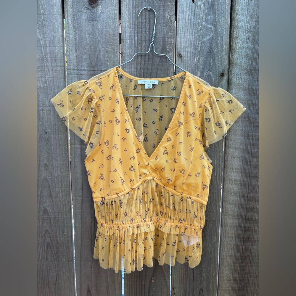 American Eagle Yellow Floral Mesh Top
